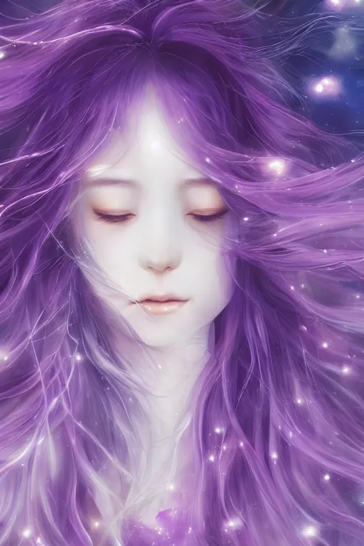 Prompt: 4k detailed portrait of a beautiful intimate woman with long purple cosmic hair and a beautiful celestial dress, by Miho Hirano and viktoria gavrilenko. Anime, volumetric lighting