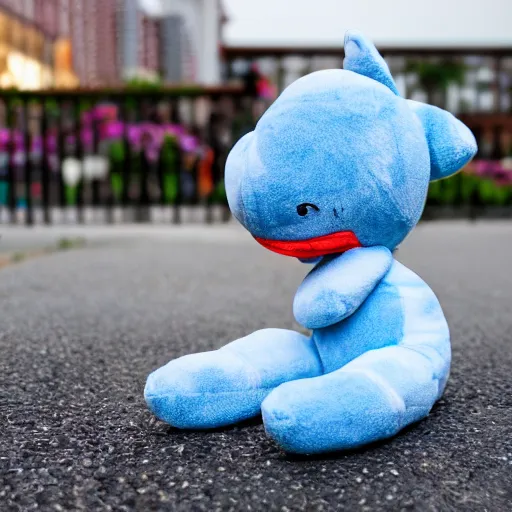 Image similar to blue'snappy gifts'plush doll, on sidewalk, gifts, happy atmosphere, high detail, soft lighting, 8 k