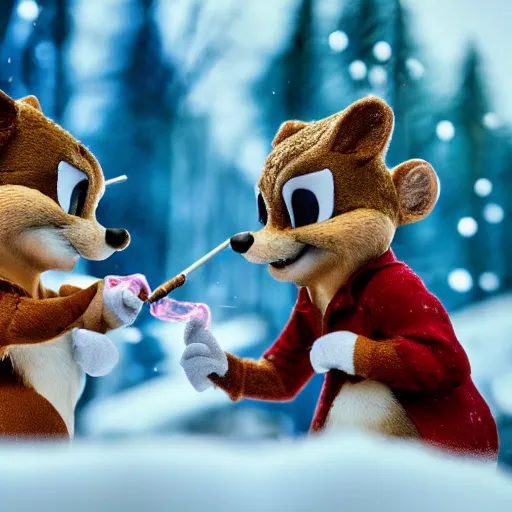 Prompt: realistic macro photo of Chip and Dale smoking cigarettes, winter, soviet houses at the background
