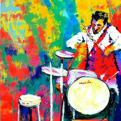 Prompt: painting of gene krupa playing a drum solo, by leroy neiman, hd, detailed, award winning