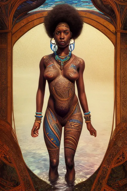 Image similar to underwater photography full body portrait of beautiful nubian ancestral tribal tattooed young hunter pincess, swimming underwater low angle realistic 4 k high quality photography by terry o'neill intricate, elegant, highly detailed, digital painting, artstation, concept art, smooth, sharp focus, illustration, art by artgerm and greg rutkowski and alphonse mucha, 8 k