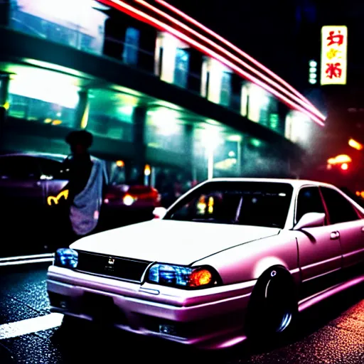 Image similar to a car JZX100 at illegal car meet, Shibuya prefecture, city midnight mist, cinematic color, photorealistic, highly detailed, 200MM