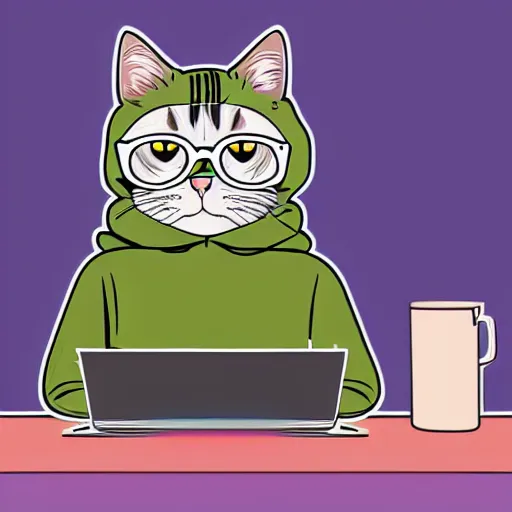 Prompt: cat in hoodie and glasses sits at the laptop, digital art, sticker