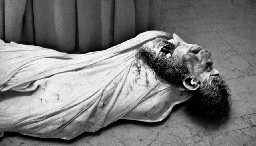 Prompt: 1 9 6 0 s movie still close - up of chrysippus of solis dead on the floor with a broken jaw in red drapery in a neoclassical marble room, cinestill 8 0 0 t 3 5 mm b & w, high quality, heavy grain, high detail, dramatic light, anamorphic, detailed beard, by josef sudek