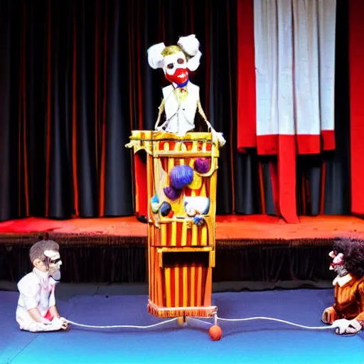 Image similar to puppet show with a puppeteer using a string marionette of a president with clown makeup in a podium