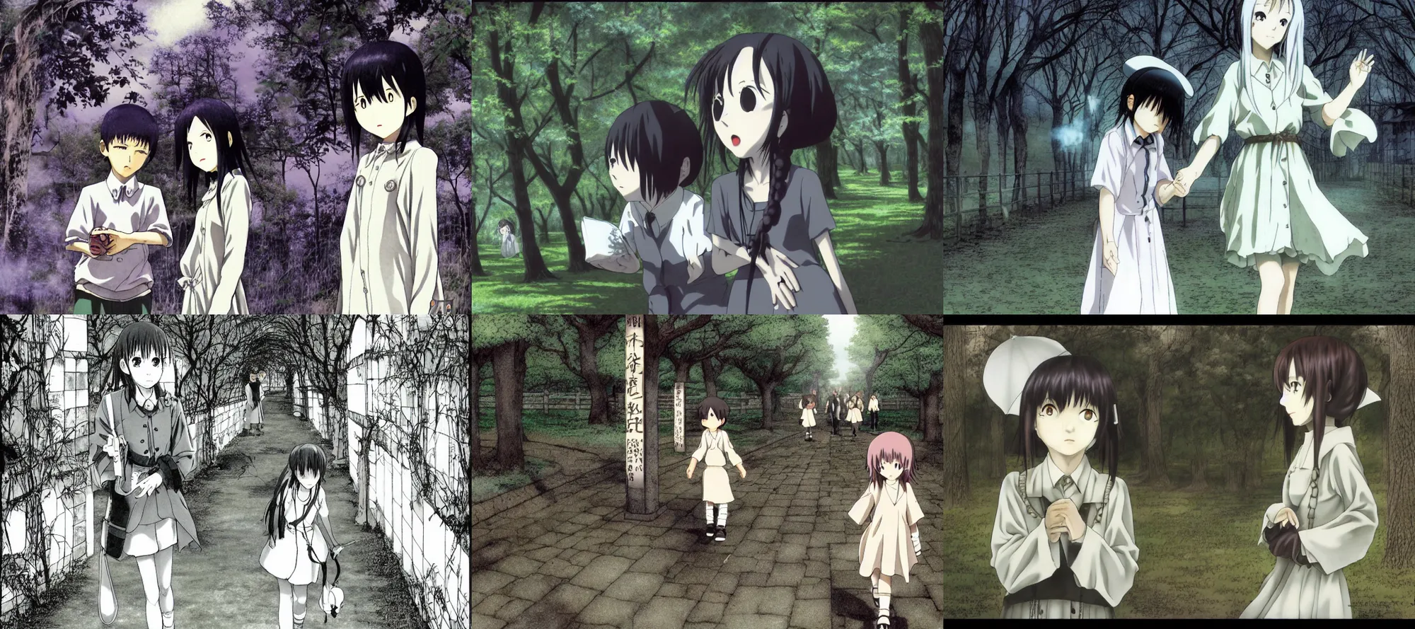 Prompt: a walk in the park, in the style of serial experiments lain, haibane renmei, niea 7, texhnolyze, despera, highly detailed. by yoshitoshi abe