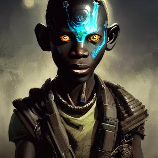 Prompt: a dark and ominous african child soldier with glowing eyes and a half robot face, Apex Legends character digital illustration portrait design, by android jones and greg rutkowski in a cyberpunk voodoo style, detailed, cinematic lighting, wide angle action dynamic portrait