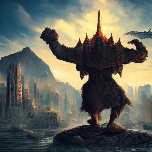 Prompt: giant creature with a city on his shoulders, ultra detailed, well composed, epic, beautiful colors, 8 k