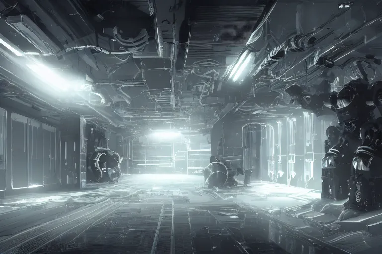 Image similar to parallax datacenter server room interior single mono colossus white rusty android guest robosaurus sitting artstation cinematic detailed concept art volumetric light sharp coherent cgsociety symmetric perfect well balanced shadows lotr servers