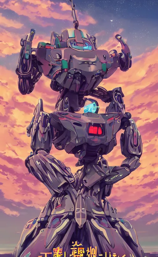 Image similar to < huge mecha > in the style of < neon genesis evangelion > with a < mechanical moon lute > in arms, movie poster, < full body robot >, 3 d anime, arcane style, retropunk, steampunk, high resolution, 4 k, retrofuturism, studio ghibli, simon stalenhag