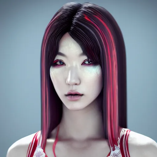 Prompt: Japanese model with maximalist hair style and makeup, fashion model, unreal engine octane, red and white, portrait, gliter, depth of field, 8k, hyper detailed, intricate, trending on artstation