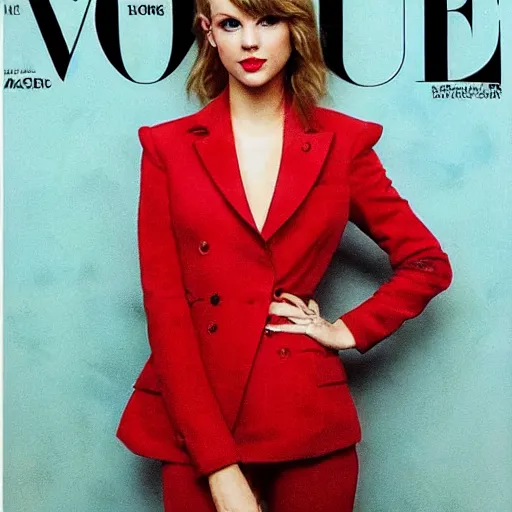 Prompt: a painting of taylor swift's and emma watson's love child who is female wearing a red suit with shoulder pads and a ruby necklace, 3 5 mm, portrait, vogue cover photo, renaissance, fashion magazine