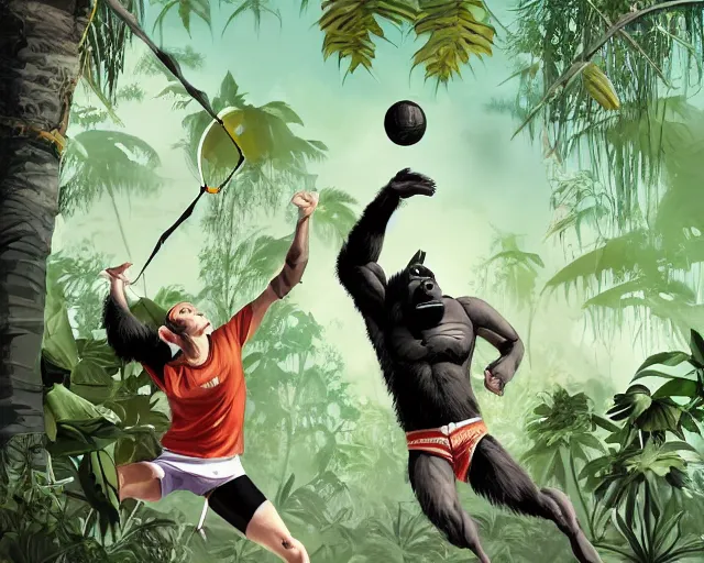 Image similar to gorilla and batman playing volleyball in a jungle with a volleyball, volleyball net, digital illustration, inspired by greg rutkowski and artgerm, high detail