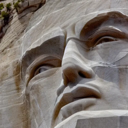 Image similar to donald trump's face carved into the rock on mount rushmore. the photo clearly depicts donald trump's facial features next to other former presidents, at a slightly elevated level, depicting his particular hair style carved into the stone at the mountain top, centered, balances, regal, pensive, powerful, just