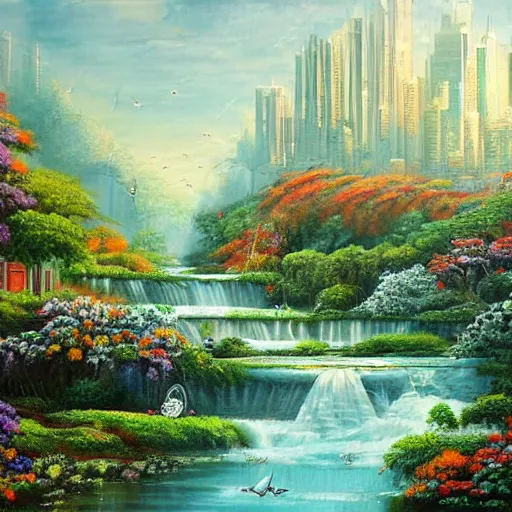 Image similar to Unbelievable city of the future in harmony with nature. Beautiful detailed painting by Lurid. (2022)