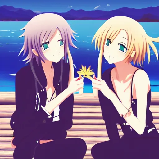 Prompt: two beautiful lesbian girls in love, smoking a hemp cigarette with smoke, sitting in front of a lake, in the style of anime, close - up, highly detailed face, 4 k, pixiv, intricate, elegant, highly detailed, lush, stylized, japanese, smooth