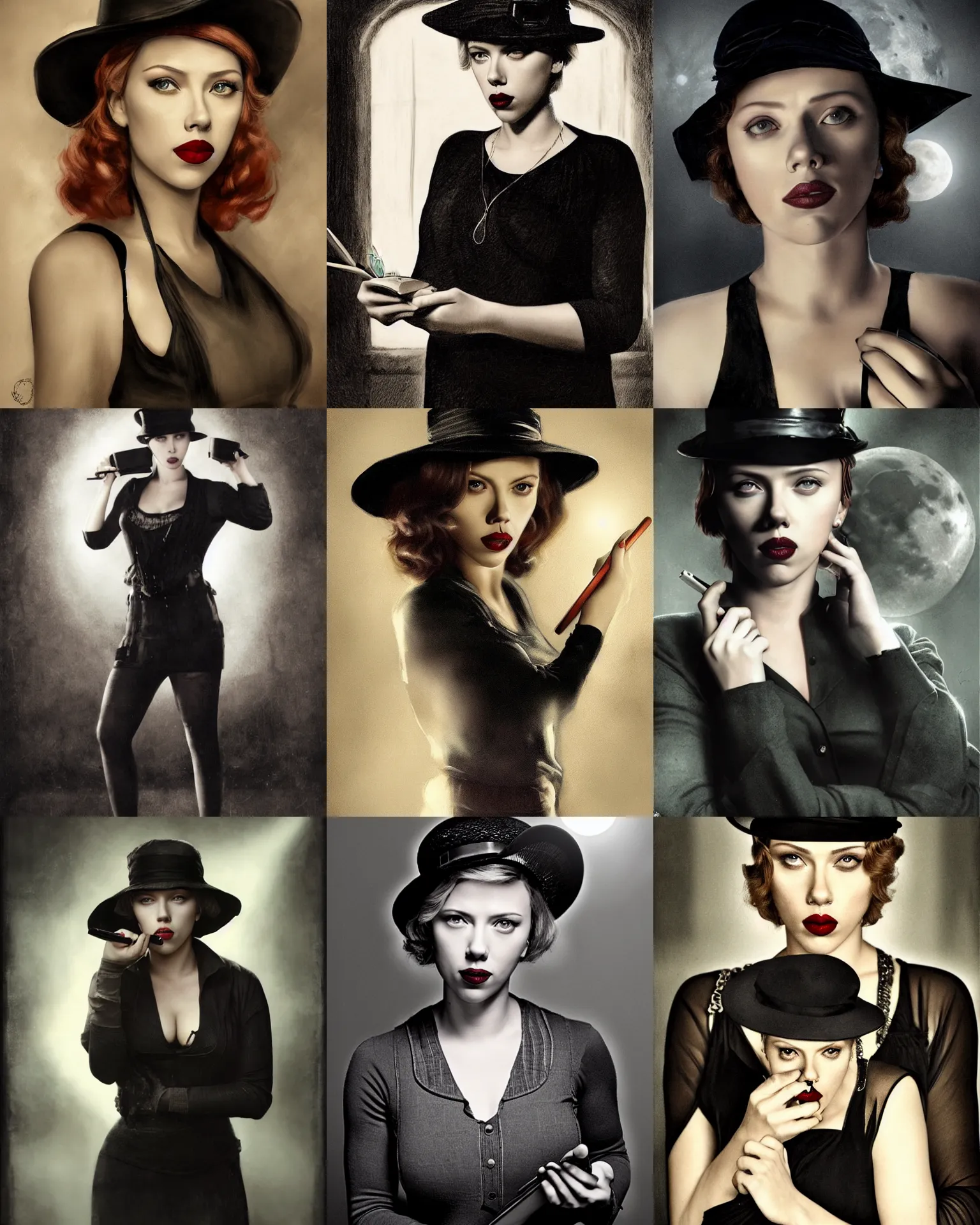 Prompt: Scarlet Johansson as Female investigator, wears hat, holding notebook, 1920s, dark, moonlight, gothic, portrait by Raymond Swanland