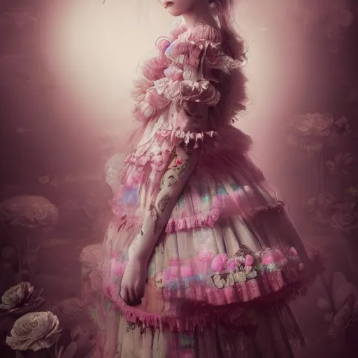 Image similar to 8 k, octane render, realism, tonalism, renaissance, rococo, baroque, cotton candy, portrait of a creepy young lady wearing long - harajuku manga - dress with flowers and skulls