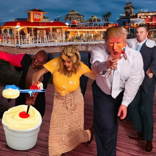 Image similar to donald trump slamming pudding onto citizens, citizens soaked with pudding, golden hour, boardwalk, professional photography