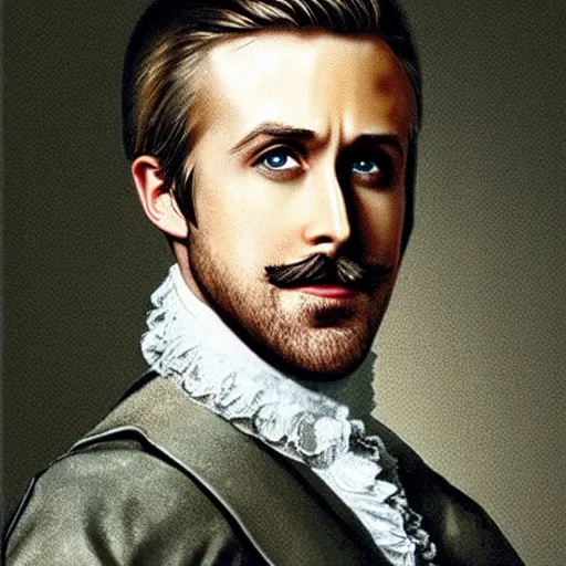 Prompt: portrait of ryan gosling as a 1 8 th century french aristocrat, large mustache,