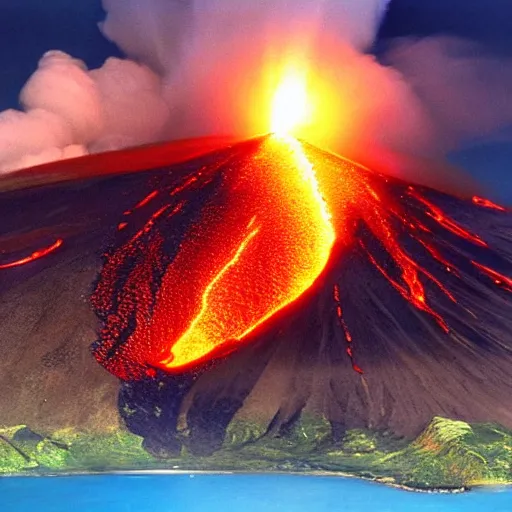 Prompt: ”volcano erupting in tropical island”