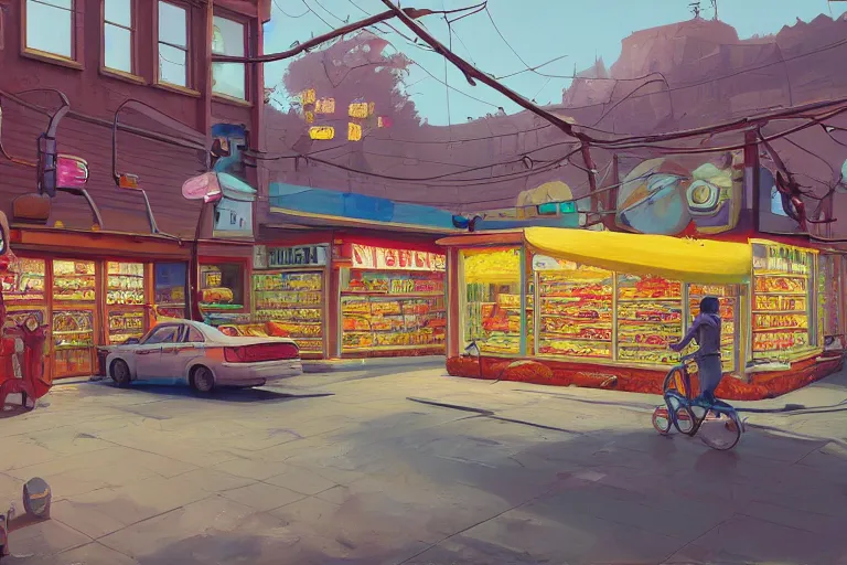 Image similar to a painting of a store with a lot of food, a photorealistic painting by Simon Stålenhag, featured on cgsociety, photorealism, 2d game art, hyper-realistic, hyper realism