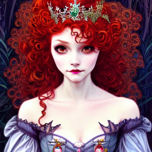 Image similar to a modern gothic lolita version of Princess Merida, face, fantasy, intricate, elegant, highly detailed, digital painting, artstation, concept art, smooth, sharp focus, illustration, art by Gerald Brom and Jasmine Becket-Griffith and Fernanda Suarez and alphonse mucha