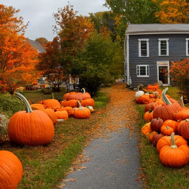 Image similar to small new england town with shops and pumpkins, maple trees with fall foliage, volumetric, realistic, cinematic lighting, ray tracing, unreal engine 5, octane render, hyper realistic, photo, 8 k