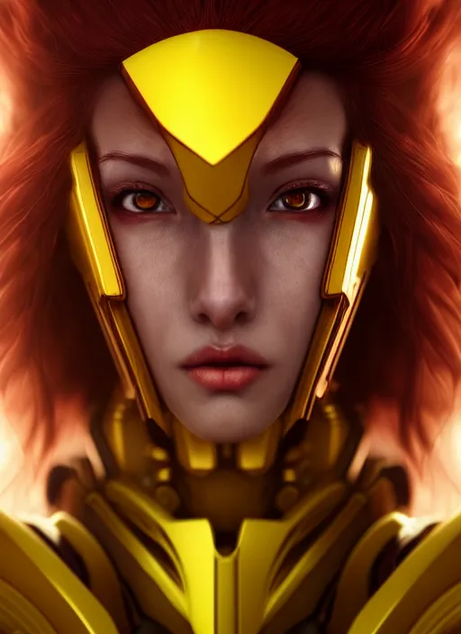 Image similar to detailed portrait of perfect deep red haired girl, android, warframe armor, beautiful, pretty face, yellow cyborg eyes, innocent, scifi, 4 k, sun yunjoo, ultra realistic, aura of light, cinematic lighting, highly detailed, sharp focus, artstation, masterpiece, art by hyungjin yang