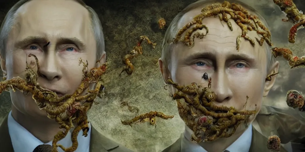 Image similar to highly detailed surreal vfx portrait of vladimir putin's face is eaten by worms, in the background an army of zombies with their mouths sewn shut with wire in the shape of the letter z, style of makoto shinkai studio ghibli genshin impact jamie wyeth james gilleard greg rutkowski, photorealistic, hyperdetailed