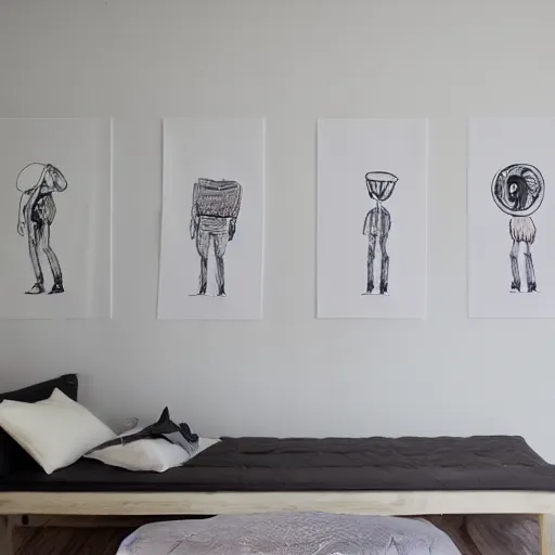 Image similar to a white wall, with five drawings