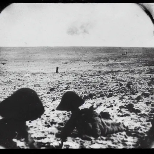 Image similar to a person takes a photo of an asteroid impact, taken on a ww 1 camera, dead people are floating in the ocean, the sky is filled with smoke.