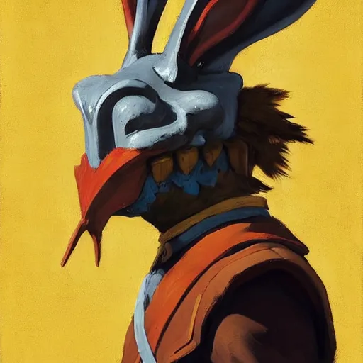 Image similar to greg manchess portrait painting of partially armored of the march hare from alice in wonderland as overwatch character, medium shot, asymmetrical, profile picture, organic painting, sunny day, matte painting, bold shapes, hard edges, street art, trending on artstation, by huang guangjian, gil elvgren, ruan jia, randy vargas, greg rutkowski