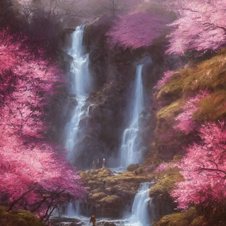 Image similar to A beautiful oil painting of a very tall waterfall on a very rocky cliff, in the middle of a huge forest of cherry blossom trees with bright pink glowing leaves, by Greg Rutkowski