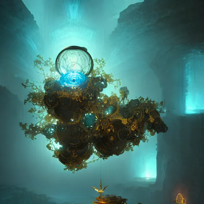 Image similar to within a flower the whole and finite capsule apparent with awe the apparition, an idea seep's into infinity highly detailed in volumetric latent space, golden turquoise steampunk, high contrast cinematic light, mystical shadows, sharp focus, divine realm of gods, octane render, artist by greg rutkowski,