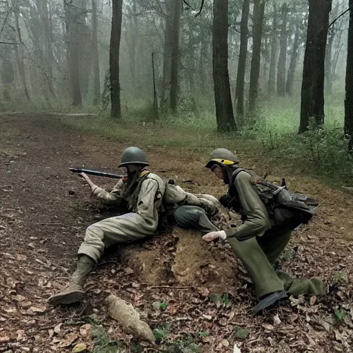 Image similar to ww 2 battlefield encounter in the woods