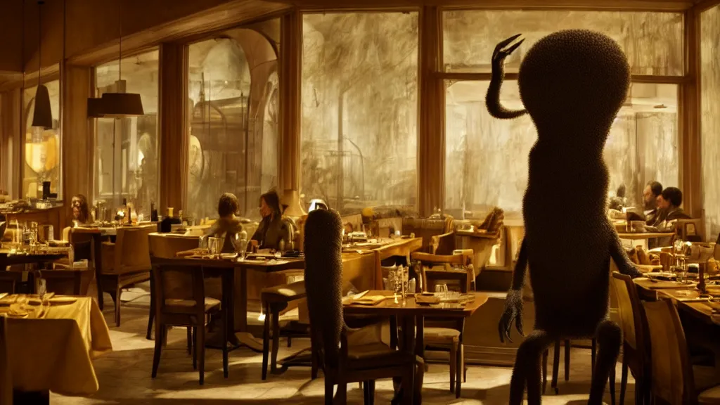 Image similar to the tall strange creature in the restaurant, film still from the movie directed by Denis Villeneuve with art direction by Salvador Dalí, wide lens