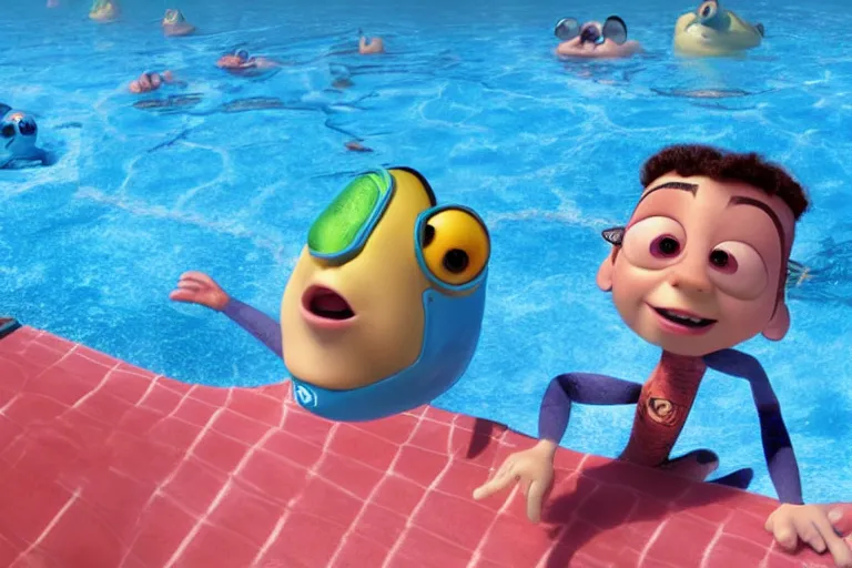 Prompt: photograph of a Pixar character chilling in a swimming pool in Mars with his friends, animation, Pixar style