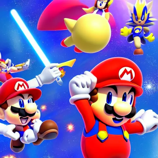 Image similar to super mario, kirby, sonic the hedgehog, super smash bros, star wars themed movie poster high detail accurate eyes and good gesture poses, pokemon anime cartoon style