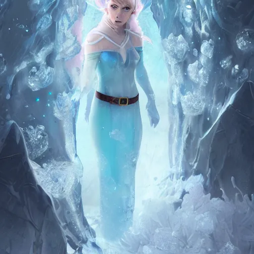 Image similar to a fantasy elf woman trapped and frozen trying to get out of a block of clear ice, with frozen flowers around her, artstation, greg rutkowski