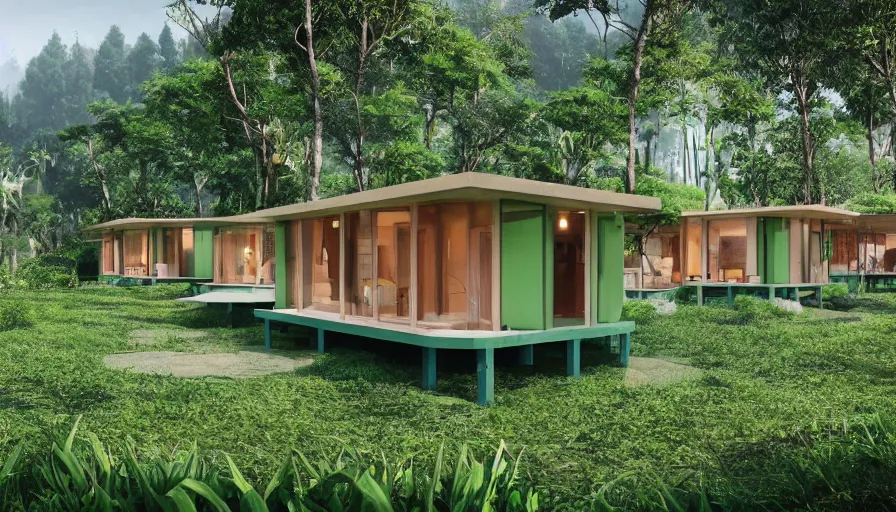 Prompt: A wide image of an eco-community neighborhood of innovative contemporary 3D printed prefab sea ranch style cabins with rounded corners and angles, beveled edges, made of cement and concrete, organic architecture, in a lush green eco community, Designed by Gucci and Wes Anderson, golden hour