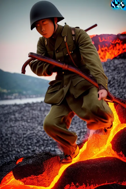 Image similar to japan world war soldier swimming on lava mountain, photorealistic, smooth, aesthetic lighting, baroque object, hyperdetailed, pullitzer winning, photo by : canon eos 5 d mark iv, versatile, lens interoperability, autofocus, 4 k uhd video capture at 3 0 fps, 8 k time - lapse functions, by karah mew and adnan abidi