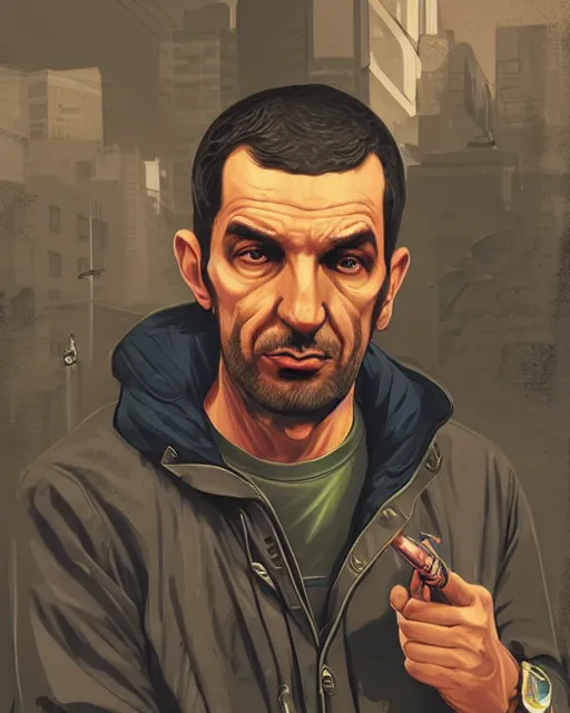 Image similar to Niko Bellic smoking weed, digital art by Ross Tran and Dan Mumford, Highly detailed, trending on cgsociety