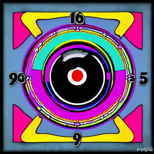 Image similar to a clock with eyes psychedelic rock album neon cover