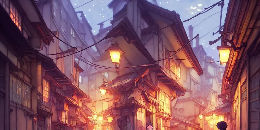 Image similar to the girl and the alley. anime visual of a cozy village, late in the evening. by hayao miyazaki and rossdraws and artgerm and greg rutkowski and alphonse mucha. anime production by studio ghibli. high quality, stunning, intricate detailed environment. 8 k