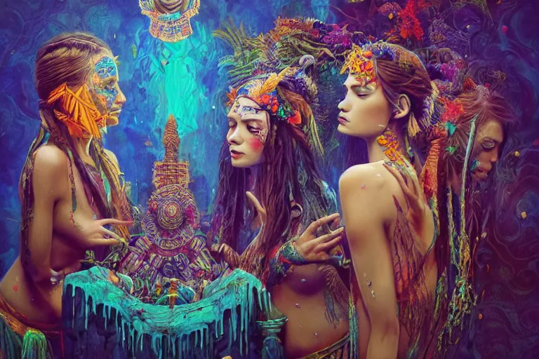 Prompt: a centered full body photo of alluring festival hippies with tribal paintings surrounded by a underwater ink pour and flowing liquid galium and sacred geometry, perfect face, powerful, cinematic, beautifully lit, by artgerm, by karol bak, by viktoria gavrilenko, 3 d, trending on artstation, octane render, 8 k