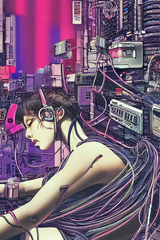 Image similar to an hyper-detailed cyberpunk illustration of a female android lying on a bed in a tech labor, with her head open showing cables and wires coming out, by masamune shirow, and katsuhiro otomo, japan, 1980s, dynamic, colorful, sparkles, lasers