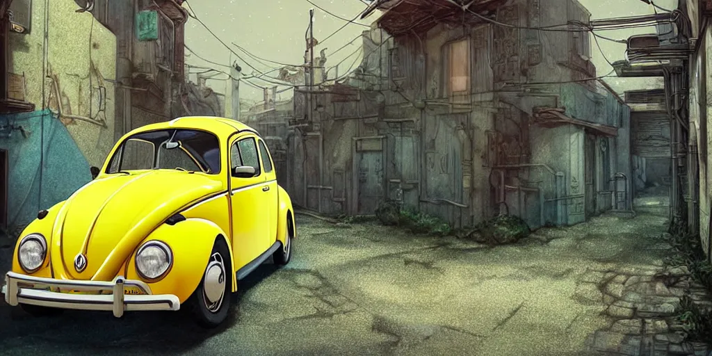 Prompt: a wholesome animation key shot of a focused old yellow beetle Volkswagen car parked in an abandoned alleyway, medium shot, waist up, studio Ghibli, Pixar and Disney animation, sharp, very detailed, high resolution, Rendered in Unreal Engine 5, anime key art by Greg Rutkowski, Bloom, dramatic lighting