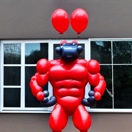 Prompt: balloon in the shape of a muscular man, muscle man made of balloon, inflated muscle, smooth muscle, rubber muscle, overinflated, tight rubber, about to burst