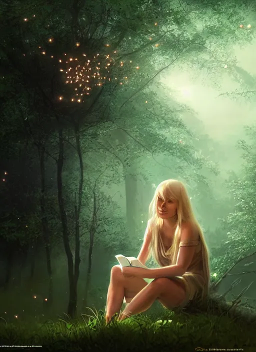 Prompt: portrait, gorgeous blond girl sits cross-legged in mystical misty forest, reading under a tree, fireflies and fairies illuminate the pages, dramatic lighting, cinematic, establishing shot, extremly high detail, foto realistic, cinematic lighting, post processed, concept art, artstation, matte painting, style by eddie mendoza, raphael lacoste, alex ross
